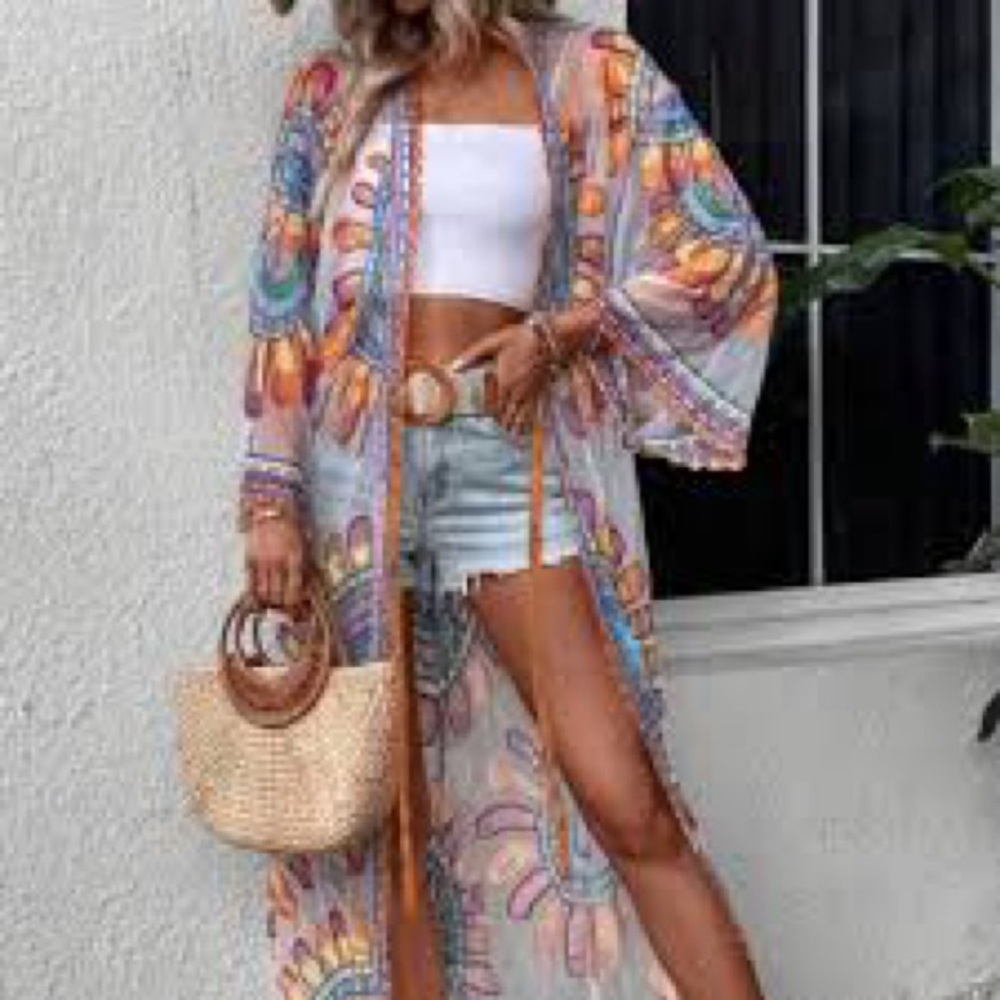 2 FOR $20 Shein Colorful Sunset Open Front Maxi Kimono Sheer Coverup ONE SIZE